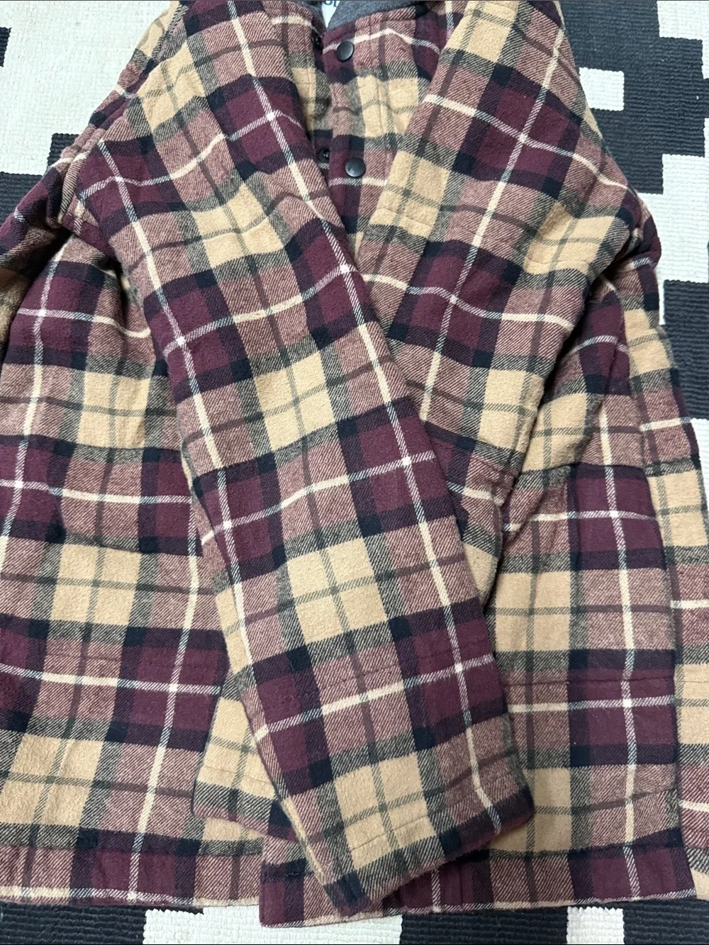 Old Navy Kids Plaid Hooded Puffer Jacket in Burgundy and Tan
